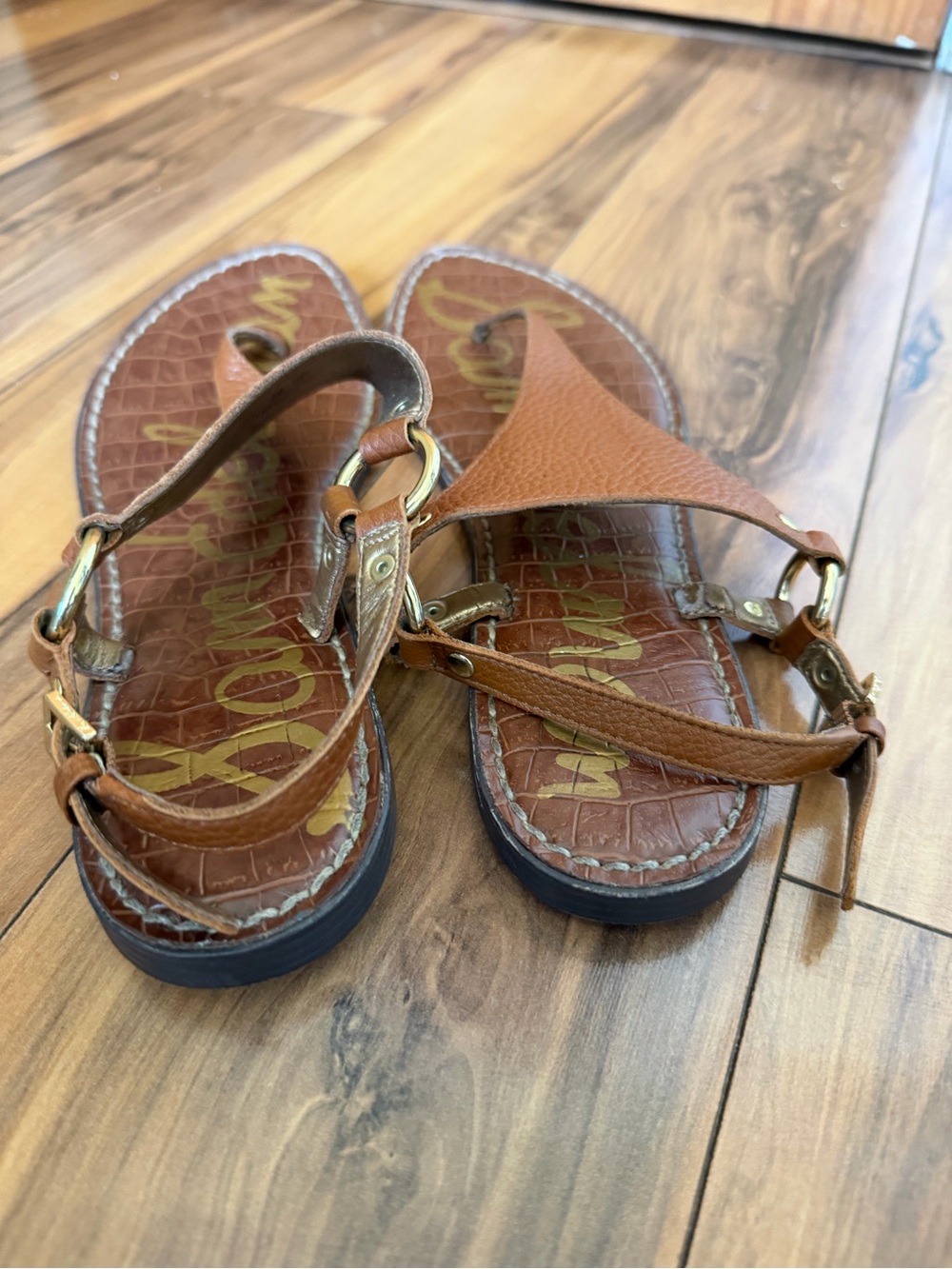 Sam Edelman Tan Brown Textured Leather Slingback Sandals - Picture 3 of 9